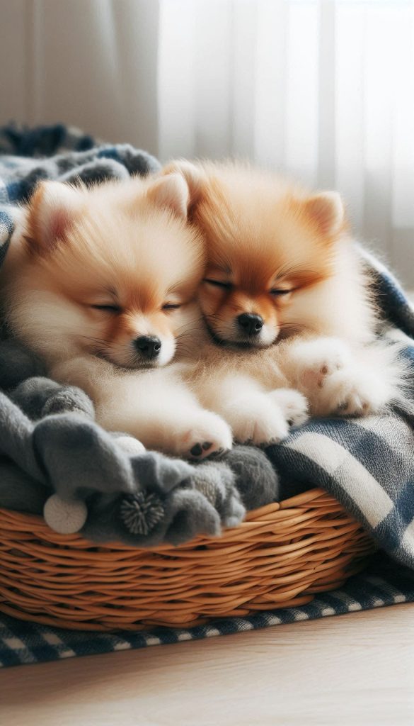Spitz Puppies Snuggling Together in a Cozy Bed