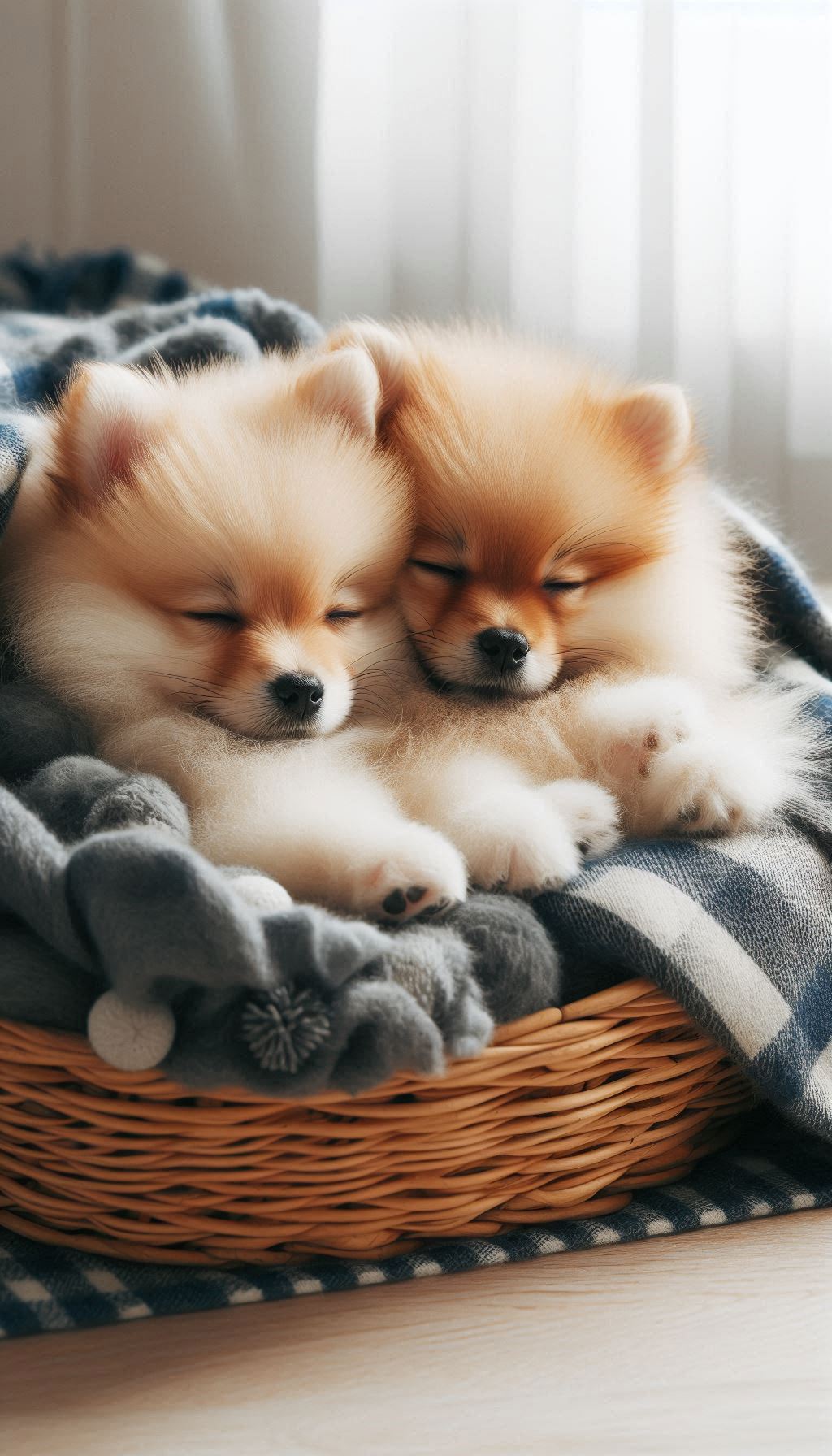 Spitz Puppies Snuggling Together in a Cozy Bed