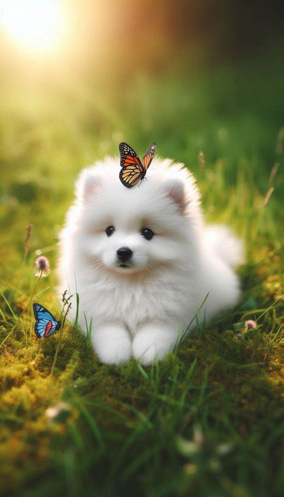 Spitz Puppy with a Butterfly on Its Nose