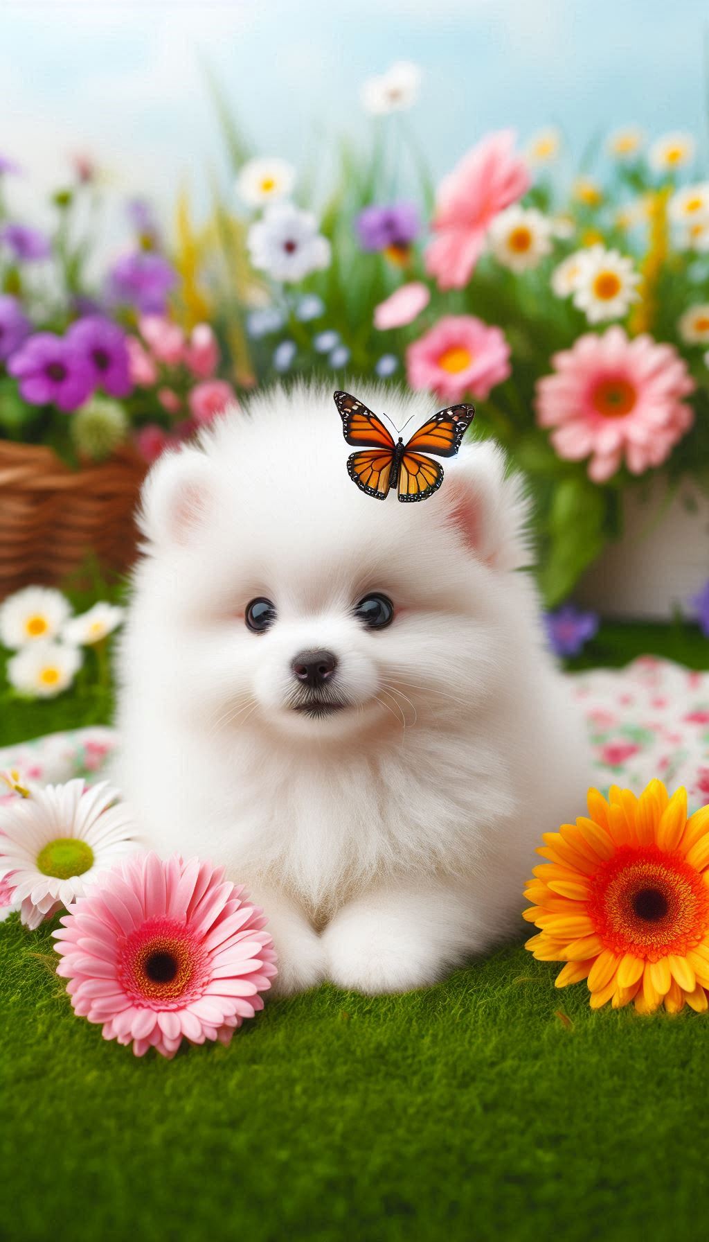 Spitz puppy with a butterfly on its nose mobile wallpaper hd. (2)