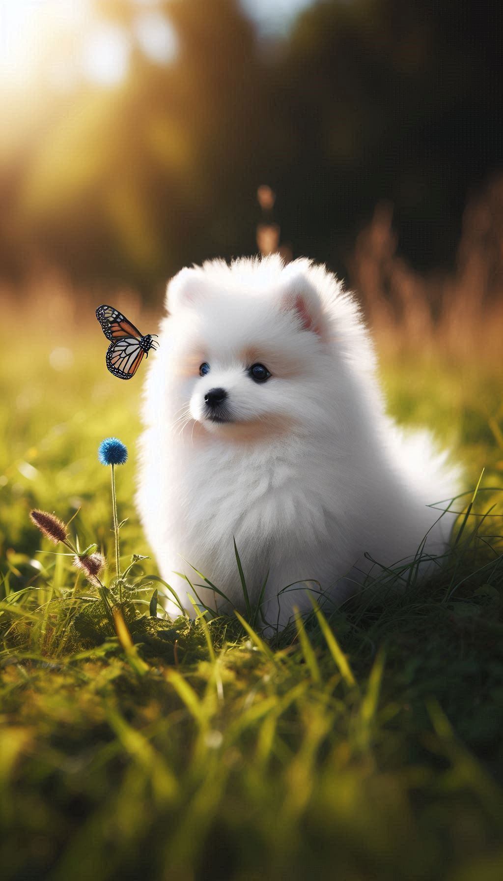 Spitz puppy with a butterfly on its nose mobile wallpaper hd.