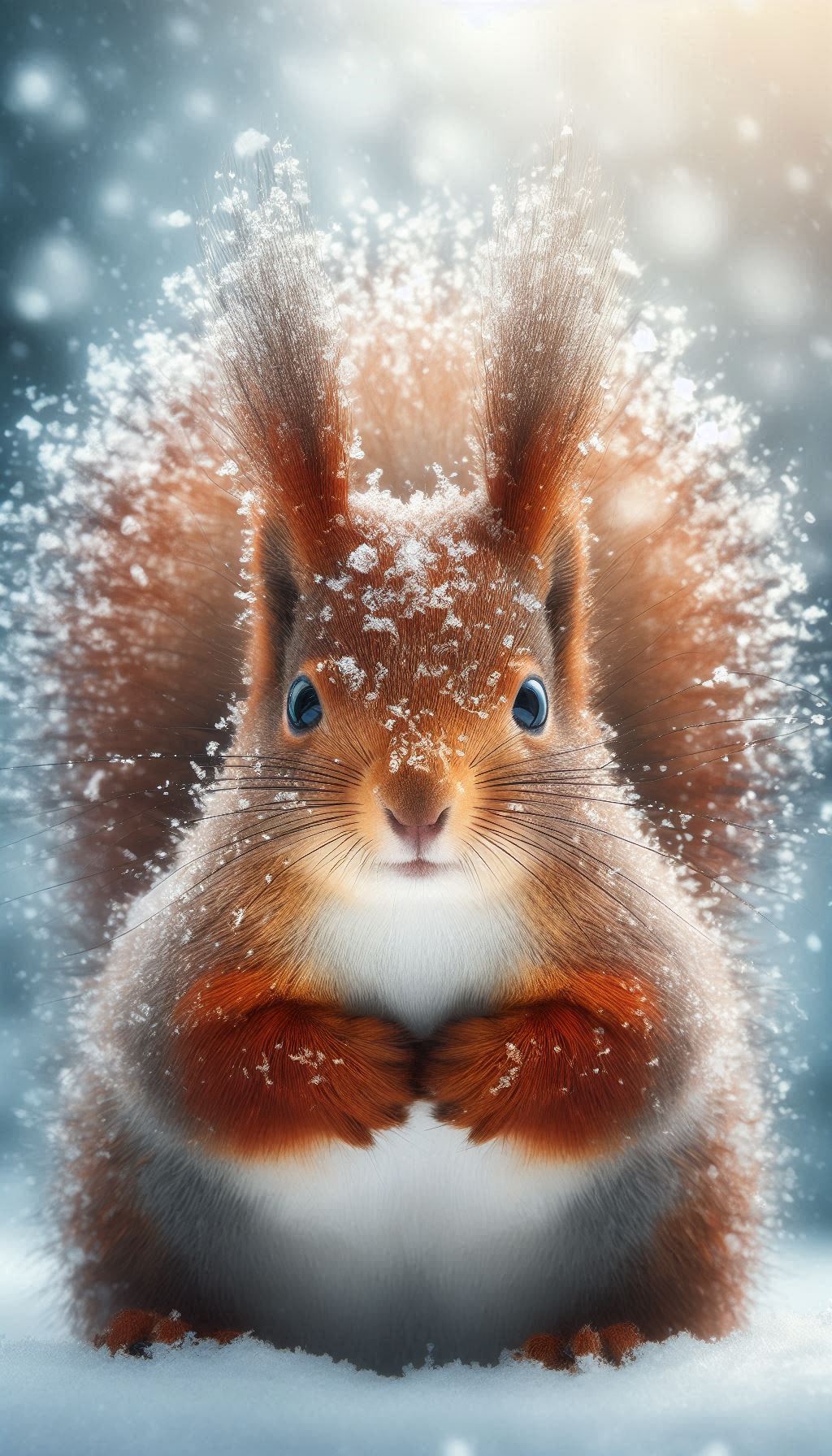 Squirrels in winter close-up of fluffy fur and snow wallpaper for smartphones