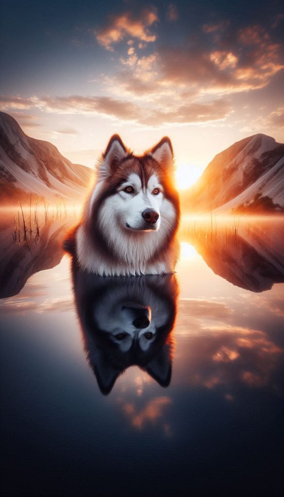 Stunning Siberian Husky reflected in a calm lake at sunrise background for Android