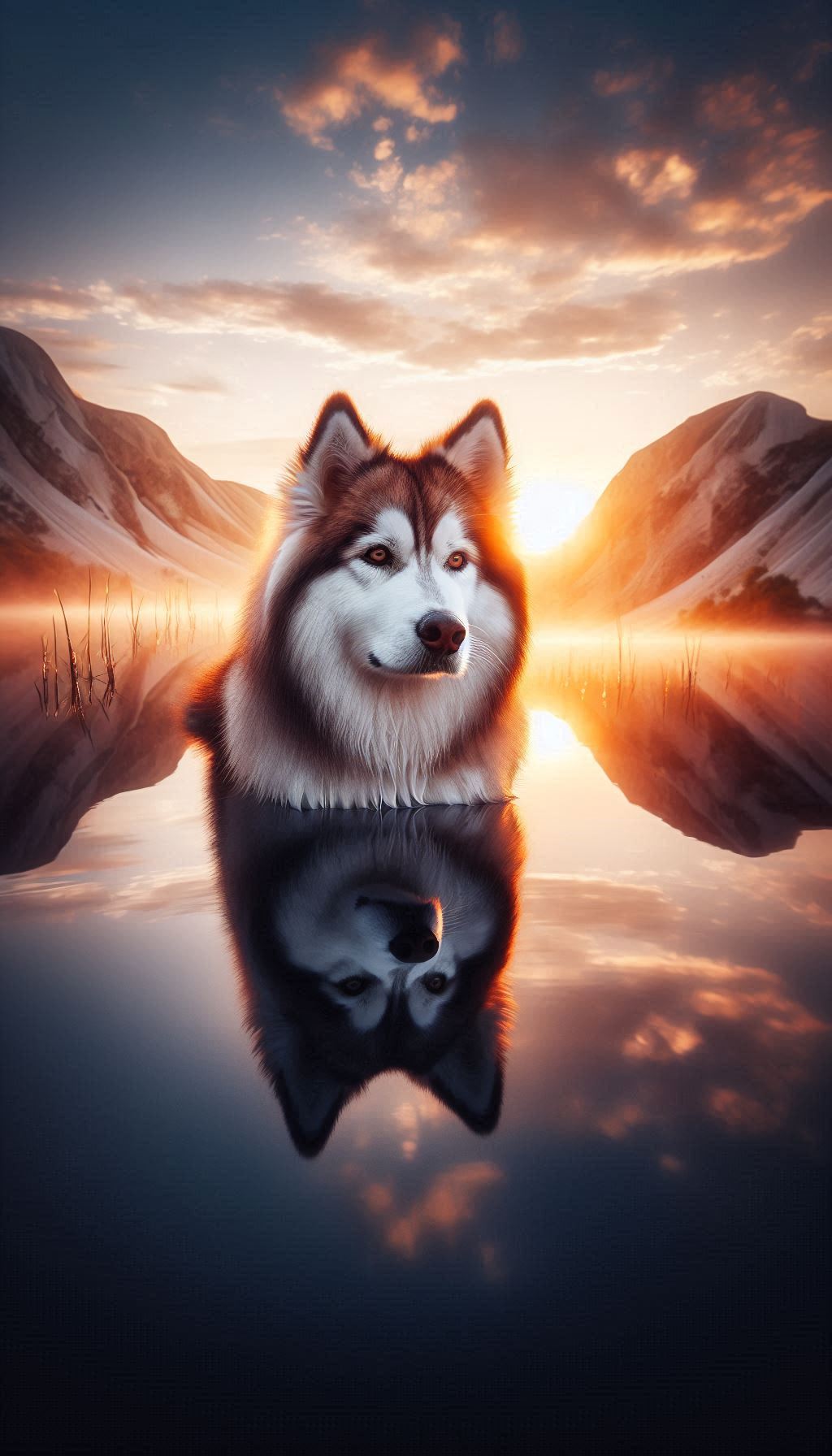 Stunning Siberian Husky reflected in a calm lake at sunrise background for Android