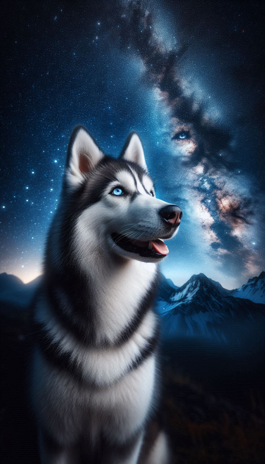 Stunning Siberian Husky with Heterochromia Against a Starry Night Background