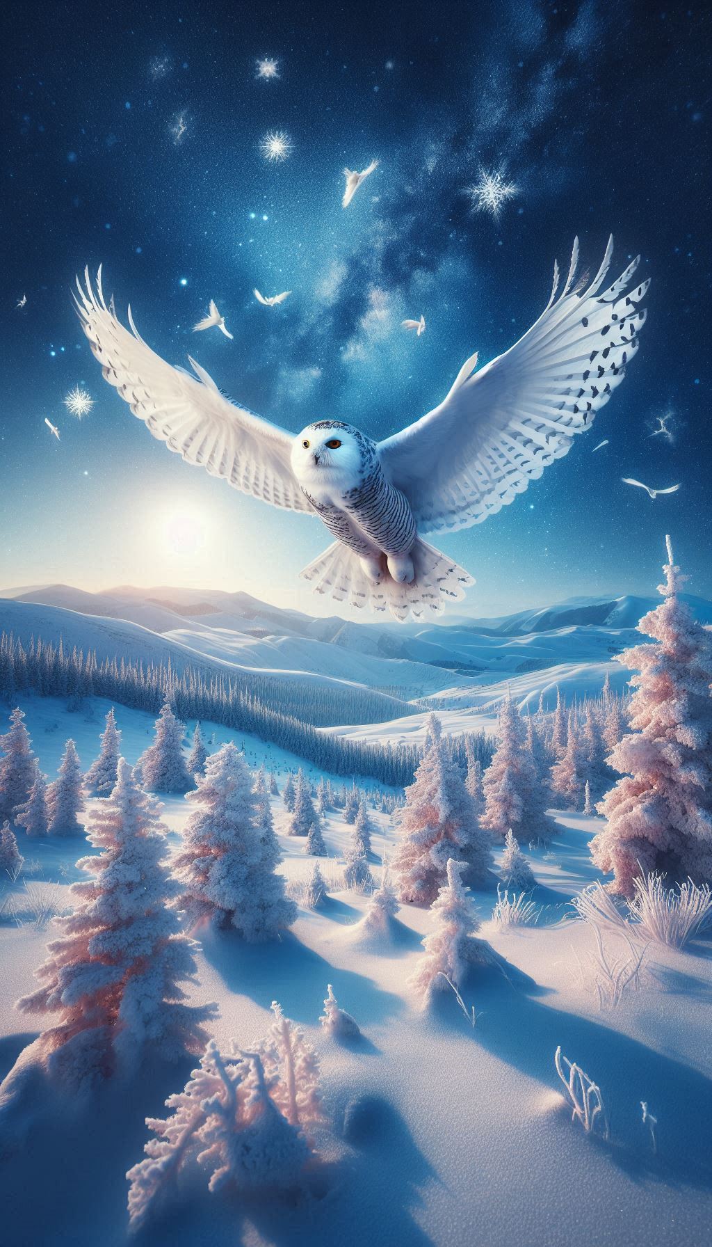 Stunning Snowy Owl Soaring Over a Frosty Landscape - Winter Wallpaper