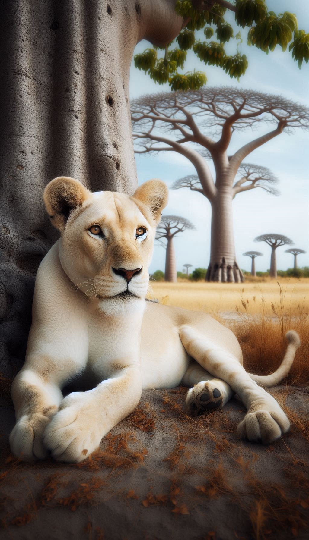 Stunning White Lioness Resting Gracefully Under a Baobab Tree