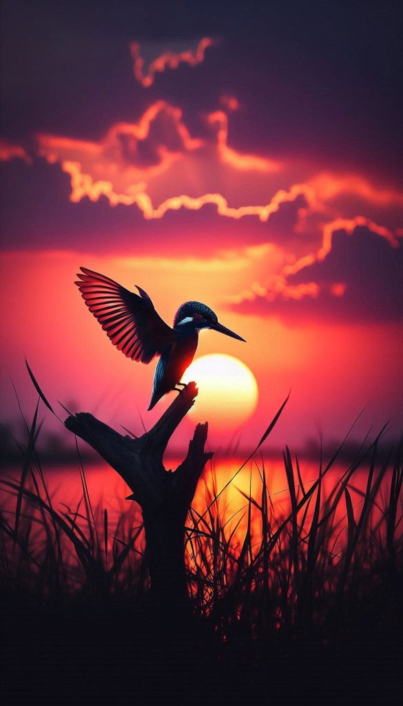 Stunning kingfisher silhouette against a dramatic sunset for your mobile
