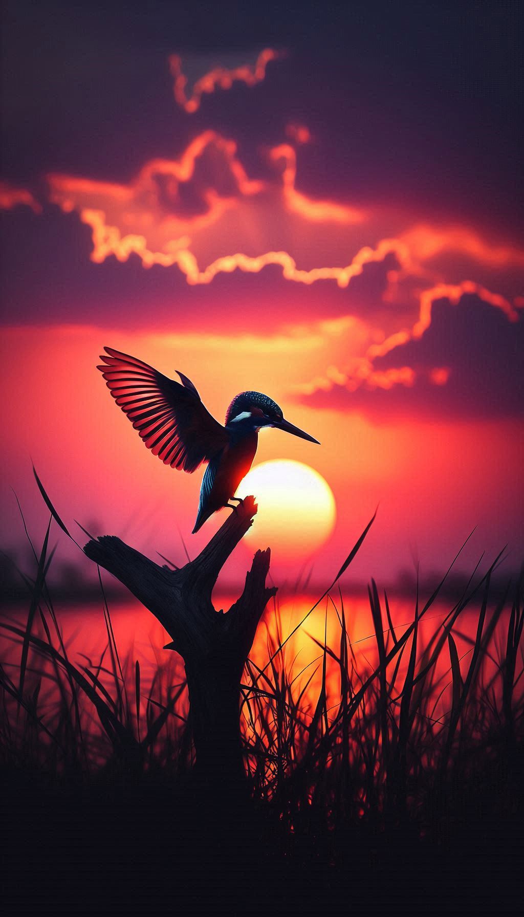 Stunning kingfisher silhouette against a dramatic sunset for your mobile
