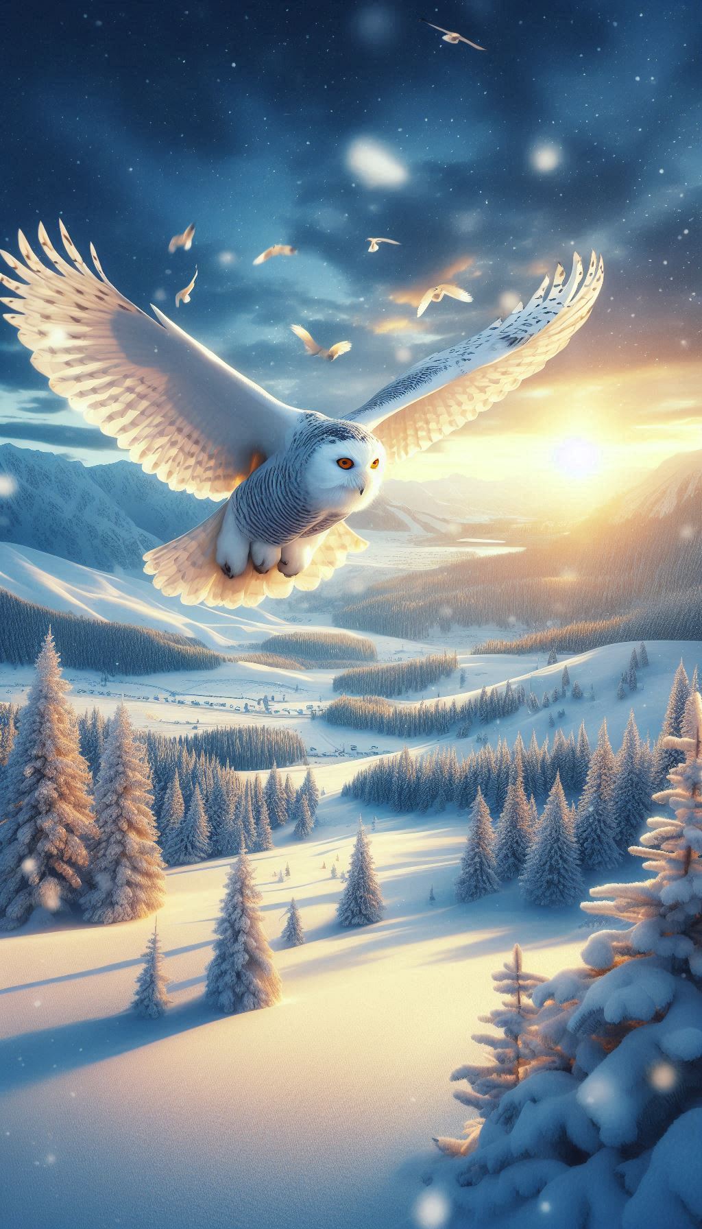 Stunning snowy owl flying over snowy landscape - winter wallpaper for any mobile for iPhone