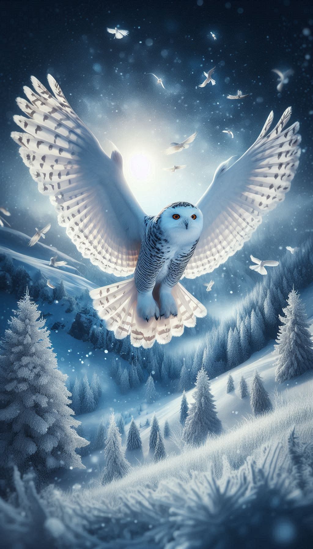 Stunning snowy owl flying over snowy landscape - winter wallpaper for any mobile