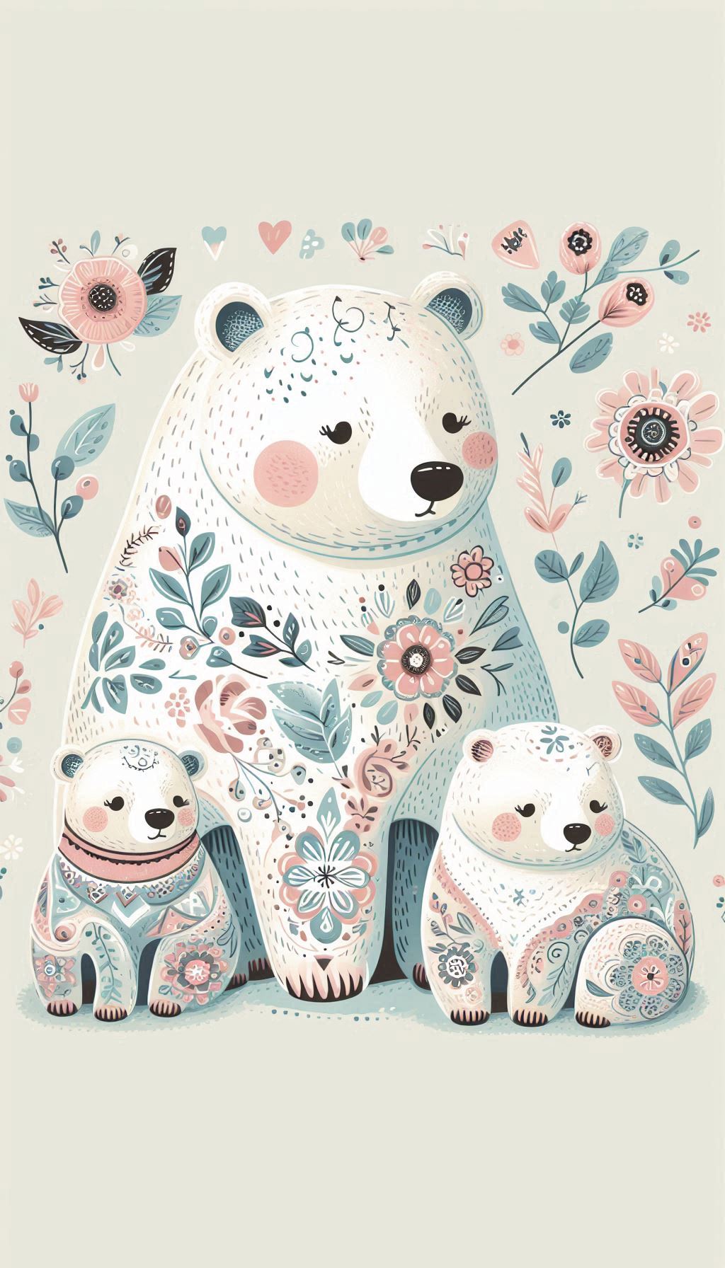 Stylized Bear Cubs with Floral Patterns and Soft Colors