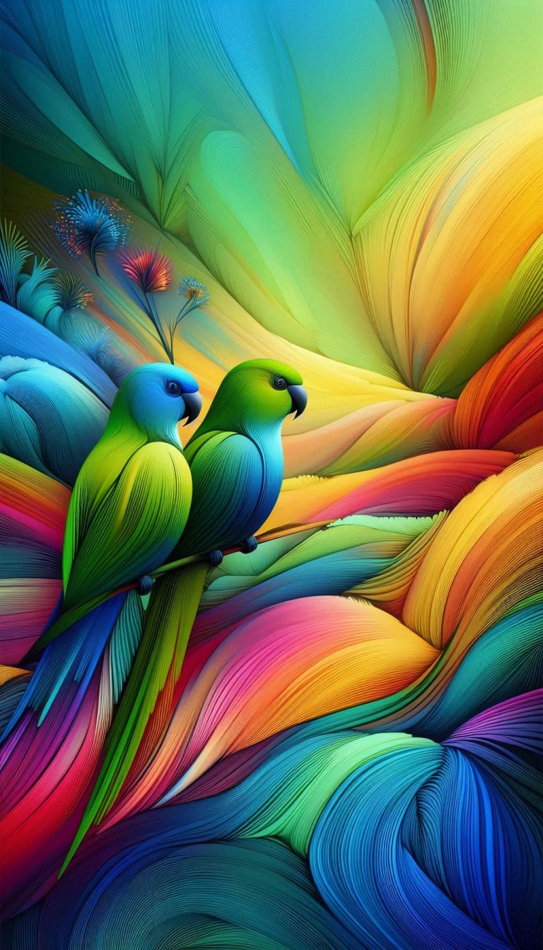 Stylized Grass Parrots in a Vibrant Abstract Landscape