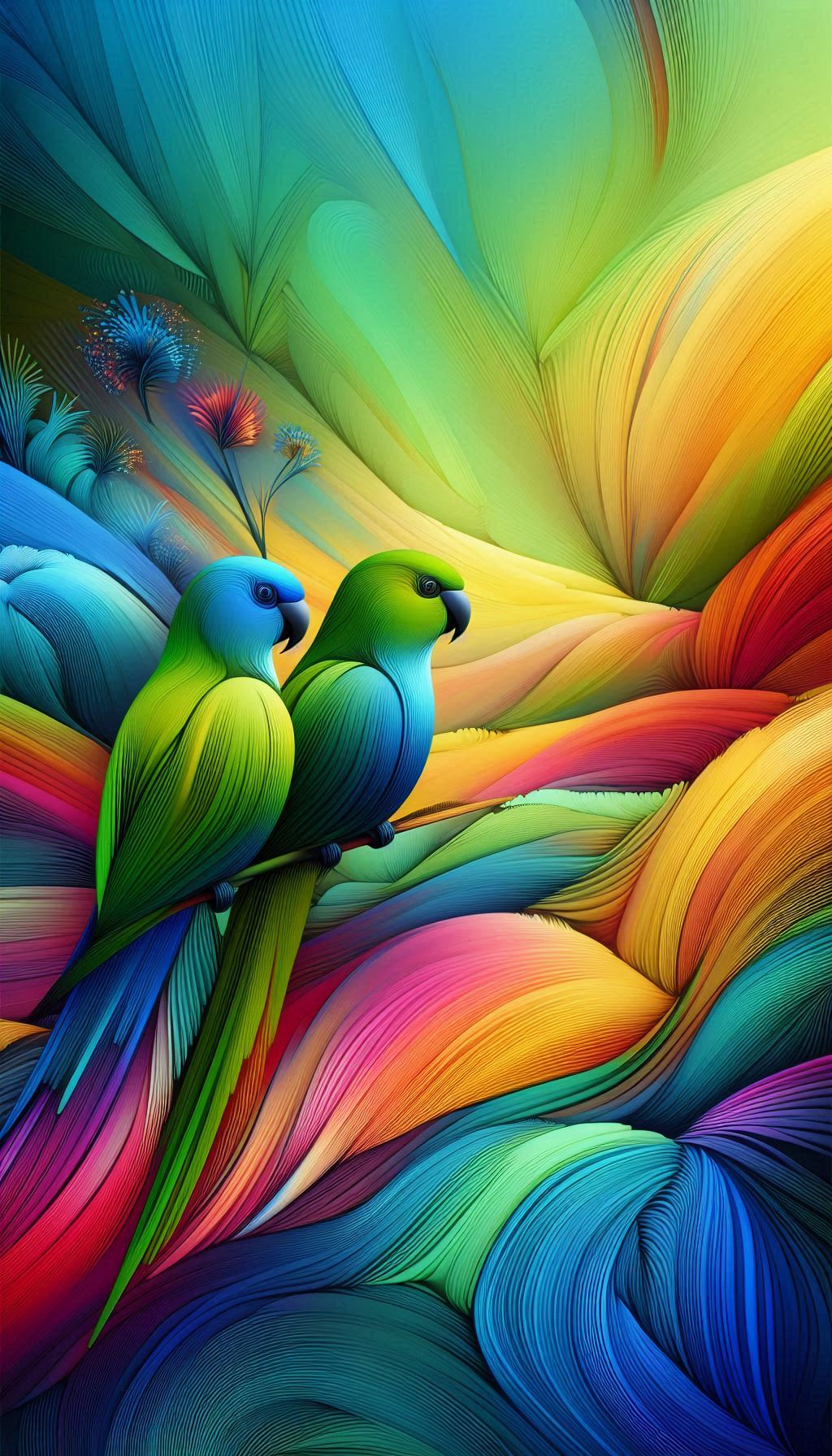 Stylized Grass Parrots in a Vibrant Abstract Landscape