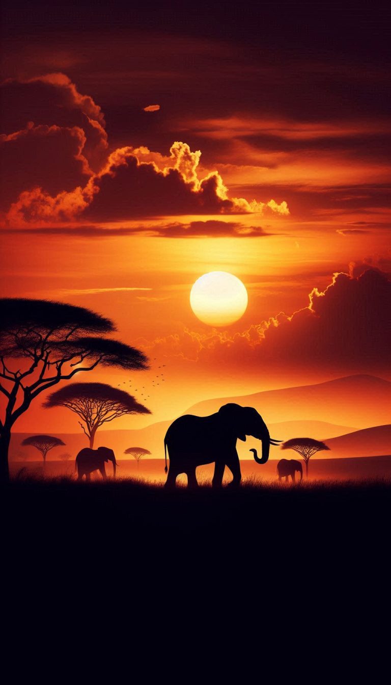Sunset silhouette of elephants in African savanna for mobile wallpaper