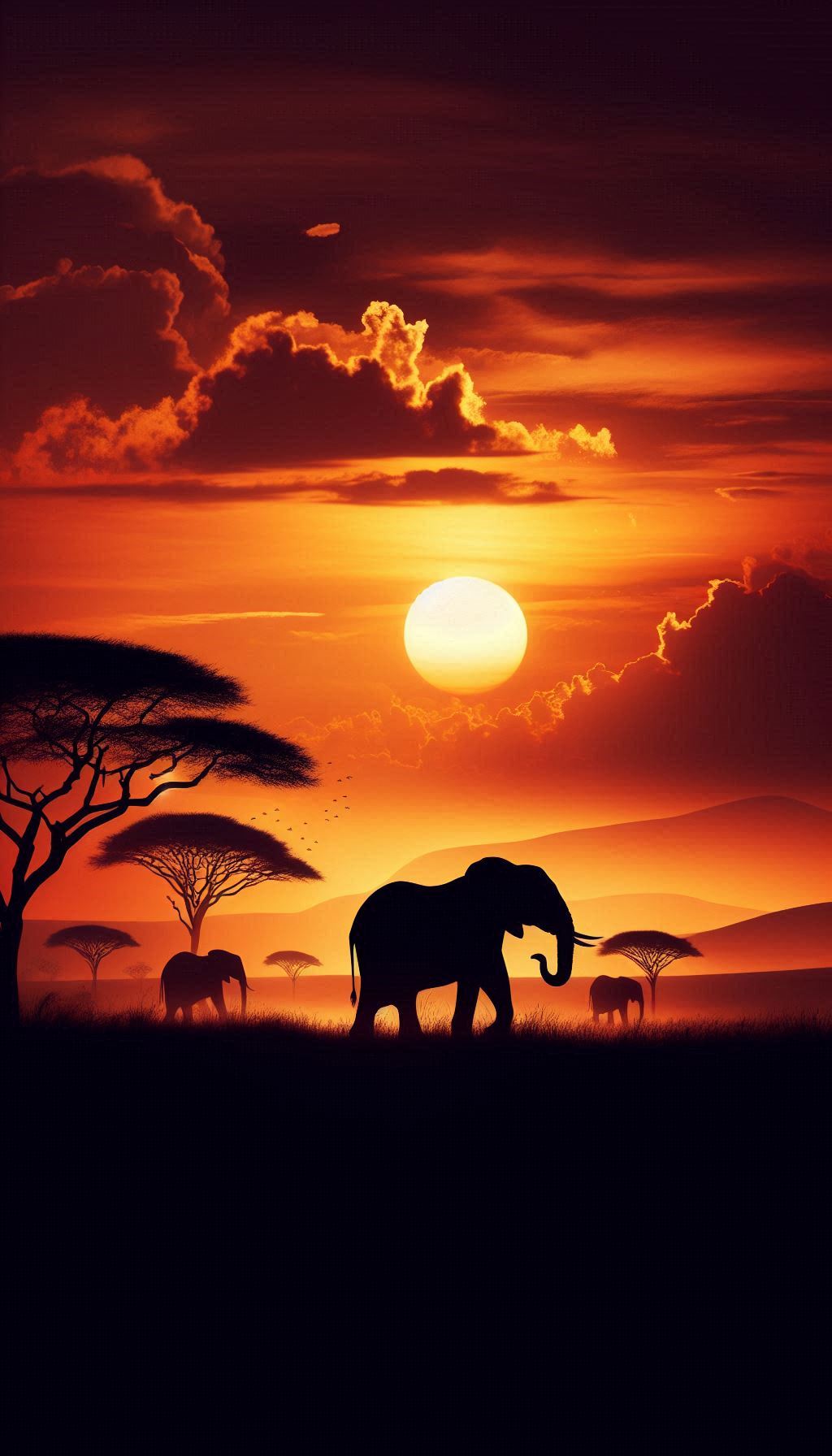 Sunset silhouette of elephants in African savanna for mobile wallpaper