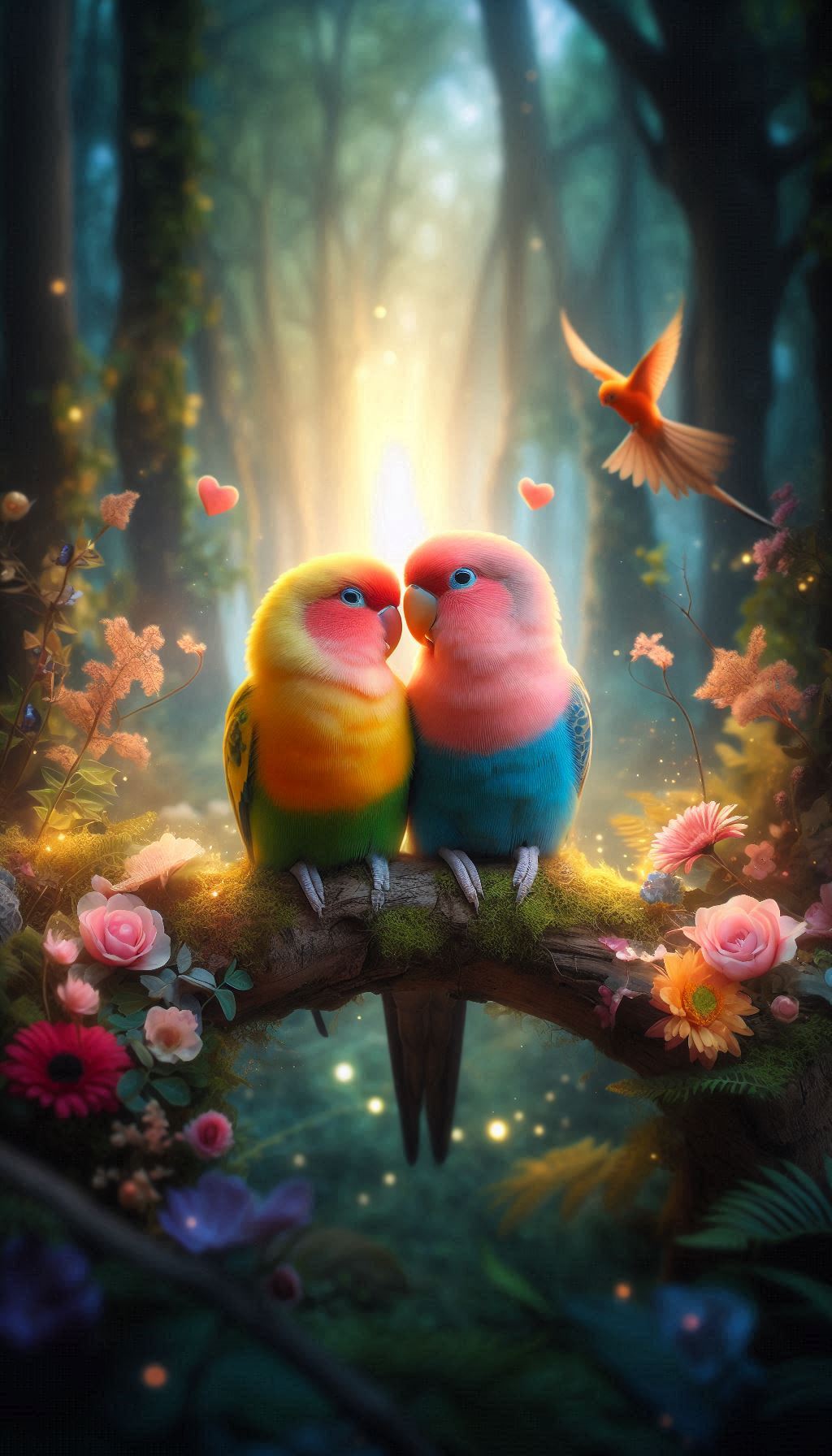 Tender Moments Lovebirds and Parrots in an Enchanted Forest