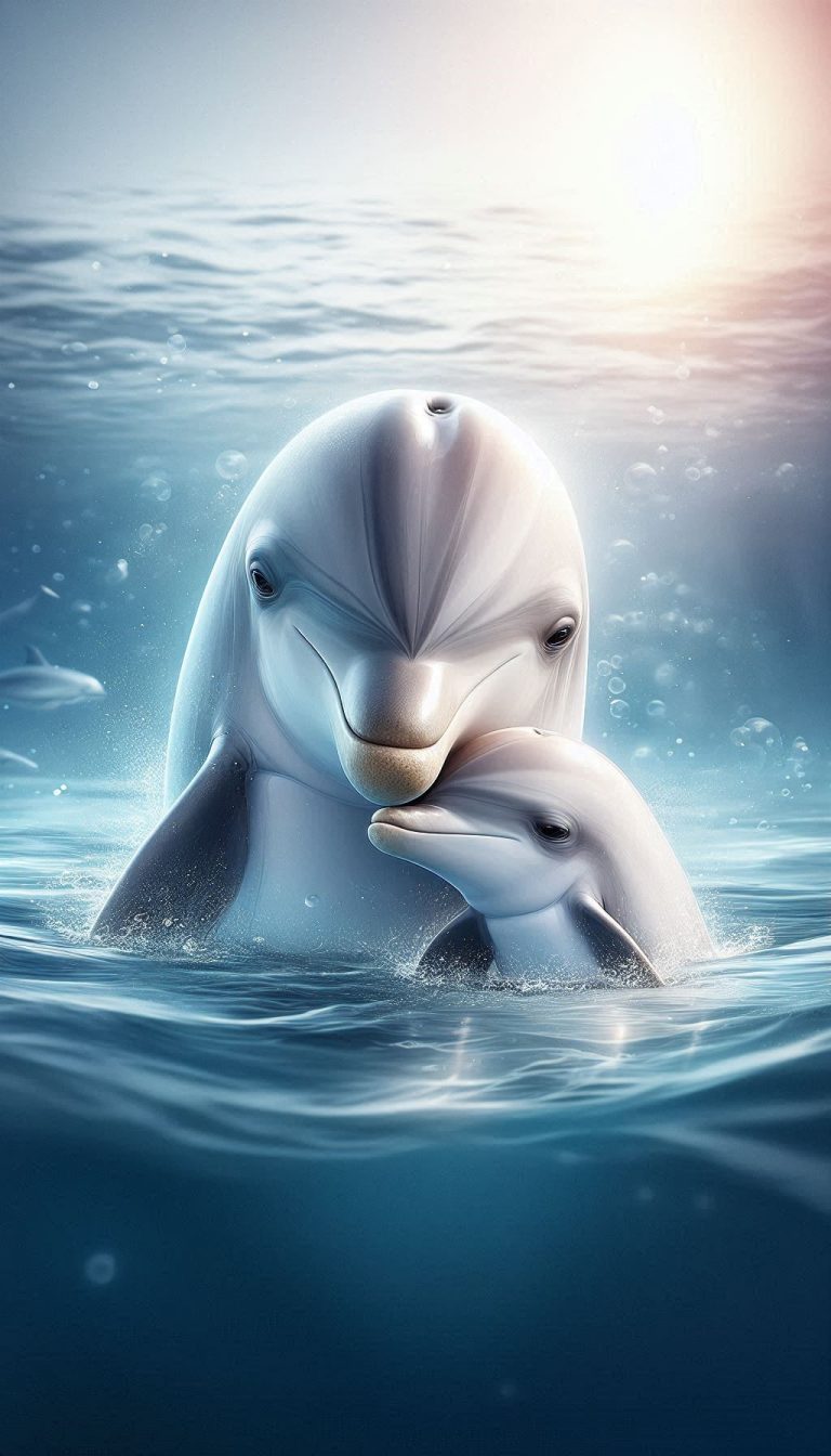 Tender Moments of Mother Dolphin and Calf Playing Heartfelt Wallpaper for Family Spaces