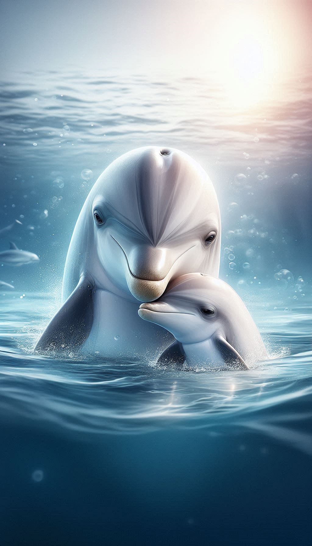 Tender Moments of Mother Dolphin and Calf Playing Heartfelt Wallpaper for Family Spaces