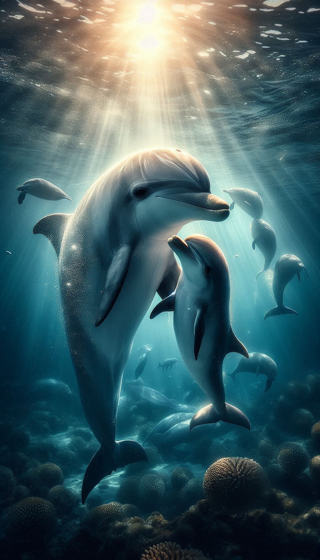 Tender moments of mother dolphin and calf playing Heartwarming HD mobile wallpaper for family places