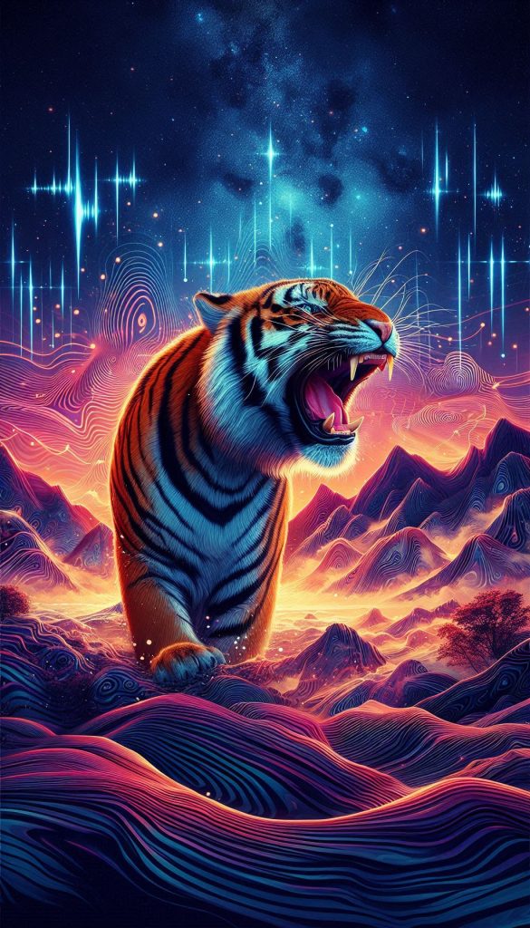 Tiger Roaring with Echoing Sound Waves in a Vibrant Landscape Wallpaper