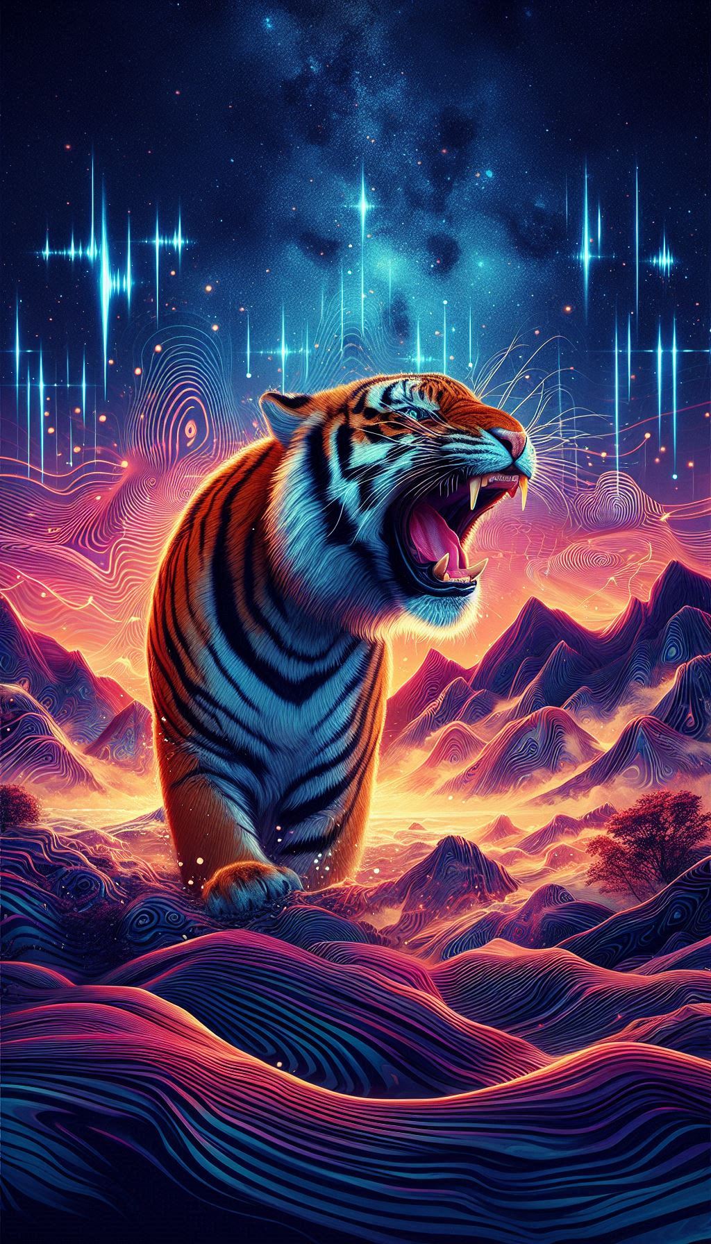 Tiger Roaring with Echoing Sound Waves in a Vibrant Landscape Wallpaper