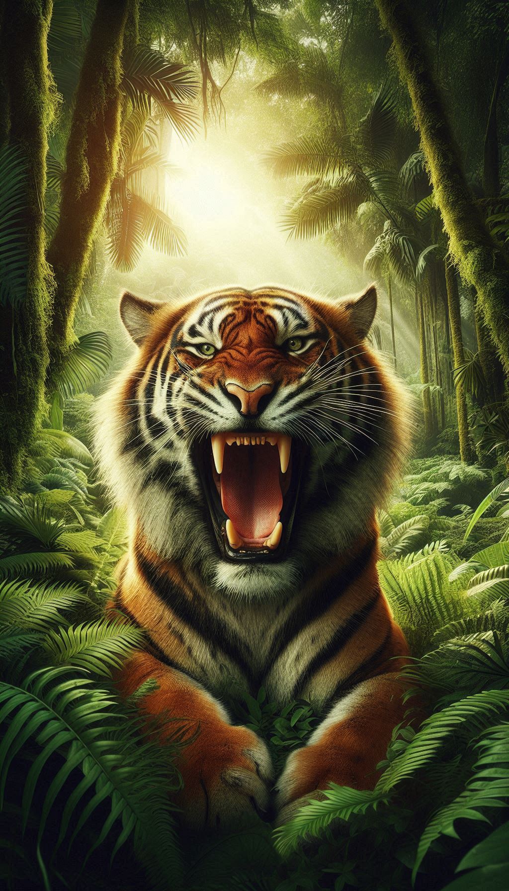 Tiger with a Powerful Roar Surrounded by Lush Vegetation Wallpaper