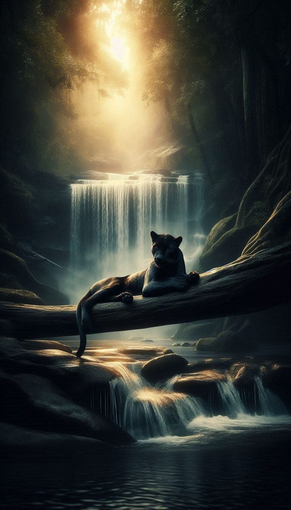 Tranquil Black Panther Resting by a Waterfall Serene Nature Wallpaper