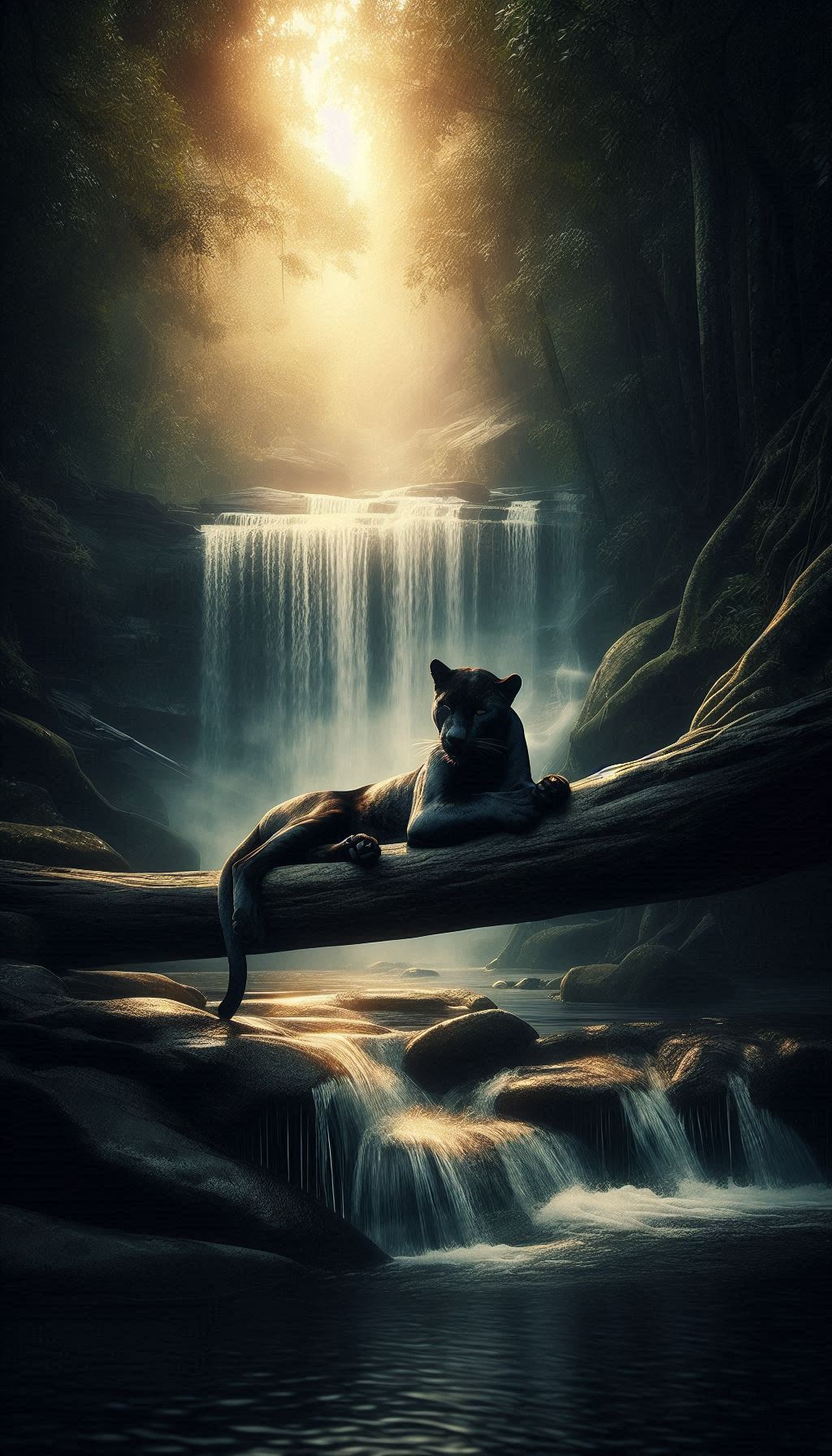 Tranquil Black Panther Resting by a Waterfall Serene Nature Wallpaper