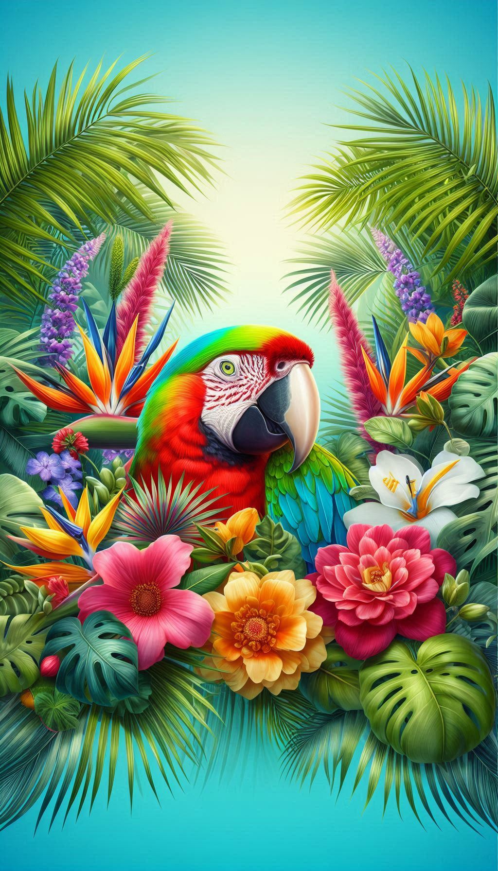 Tropical Paradise A Macaw Parrot Surrounded by Exotic Flowers Download Photo for Mobile