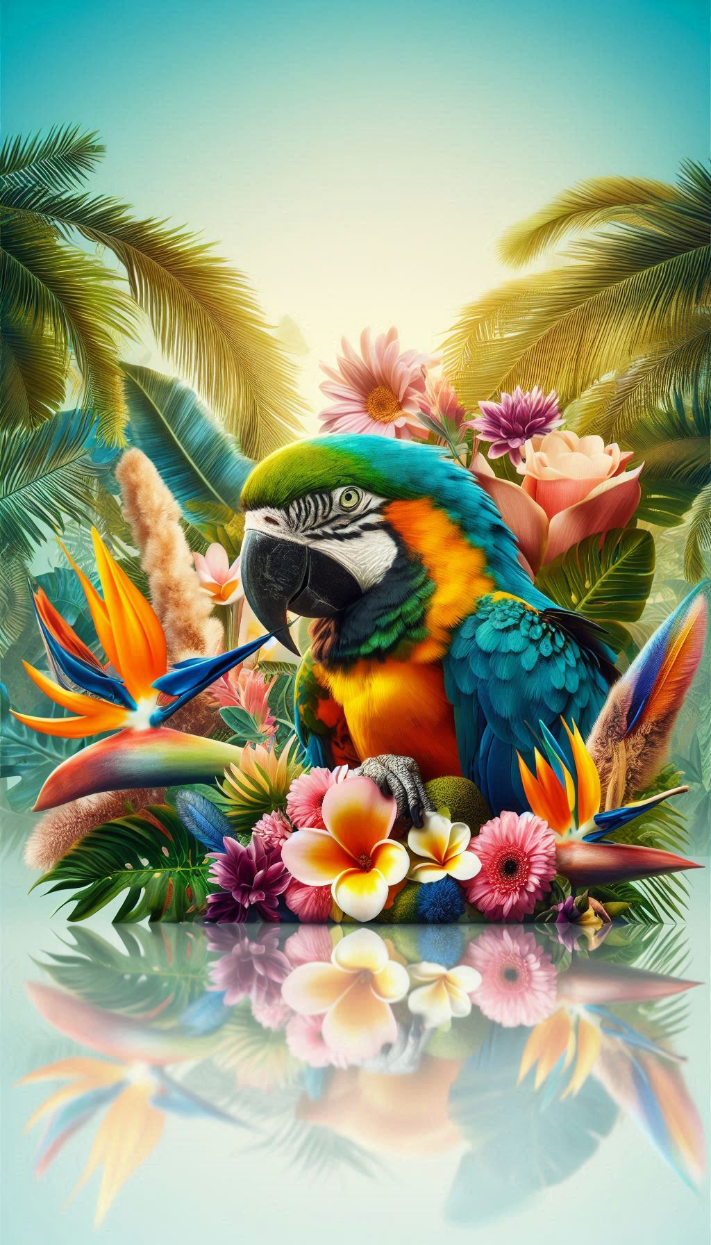 Tropical Paradise A Macaw Parrot Surrounded by Exotic Flowers
