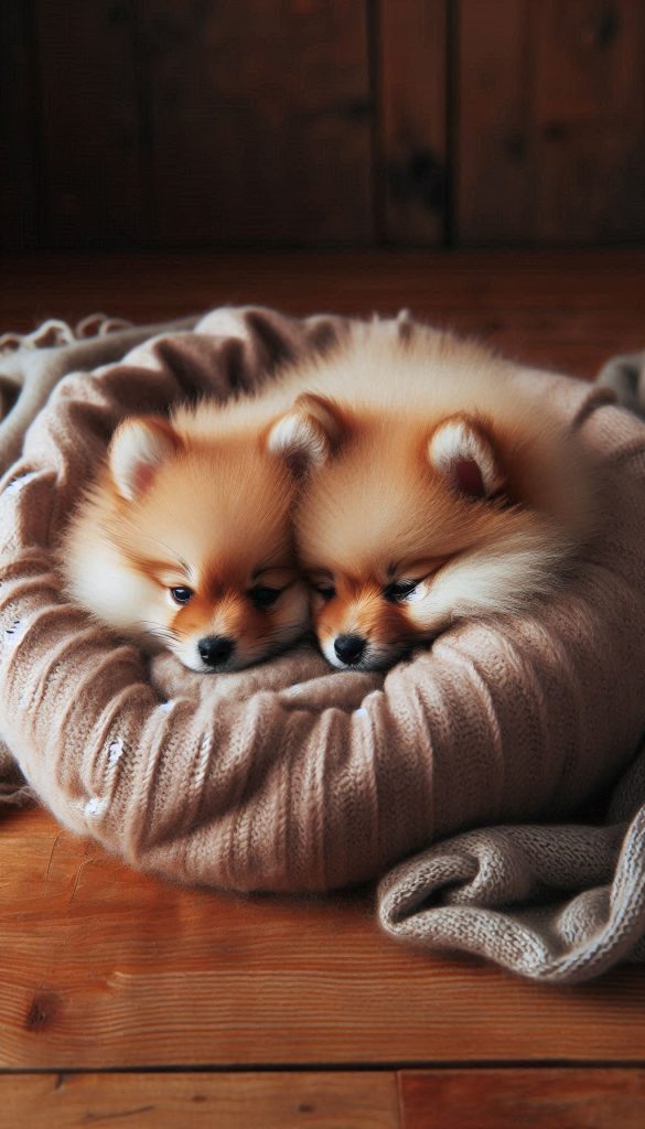 Two Spitz puppies sleeping together in a cozy bed wallpaper for your phone