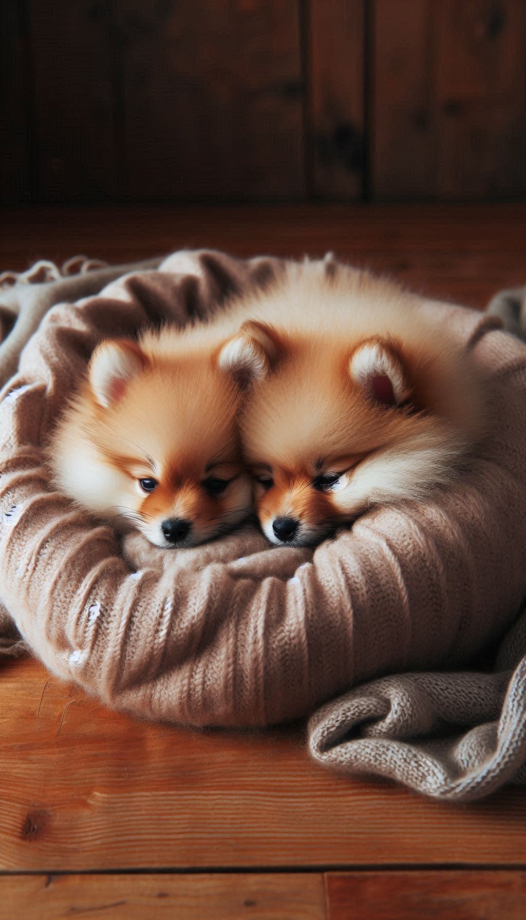 Two Spitz puppies sleeping together in a cozy bed wallpaper for your phone