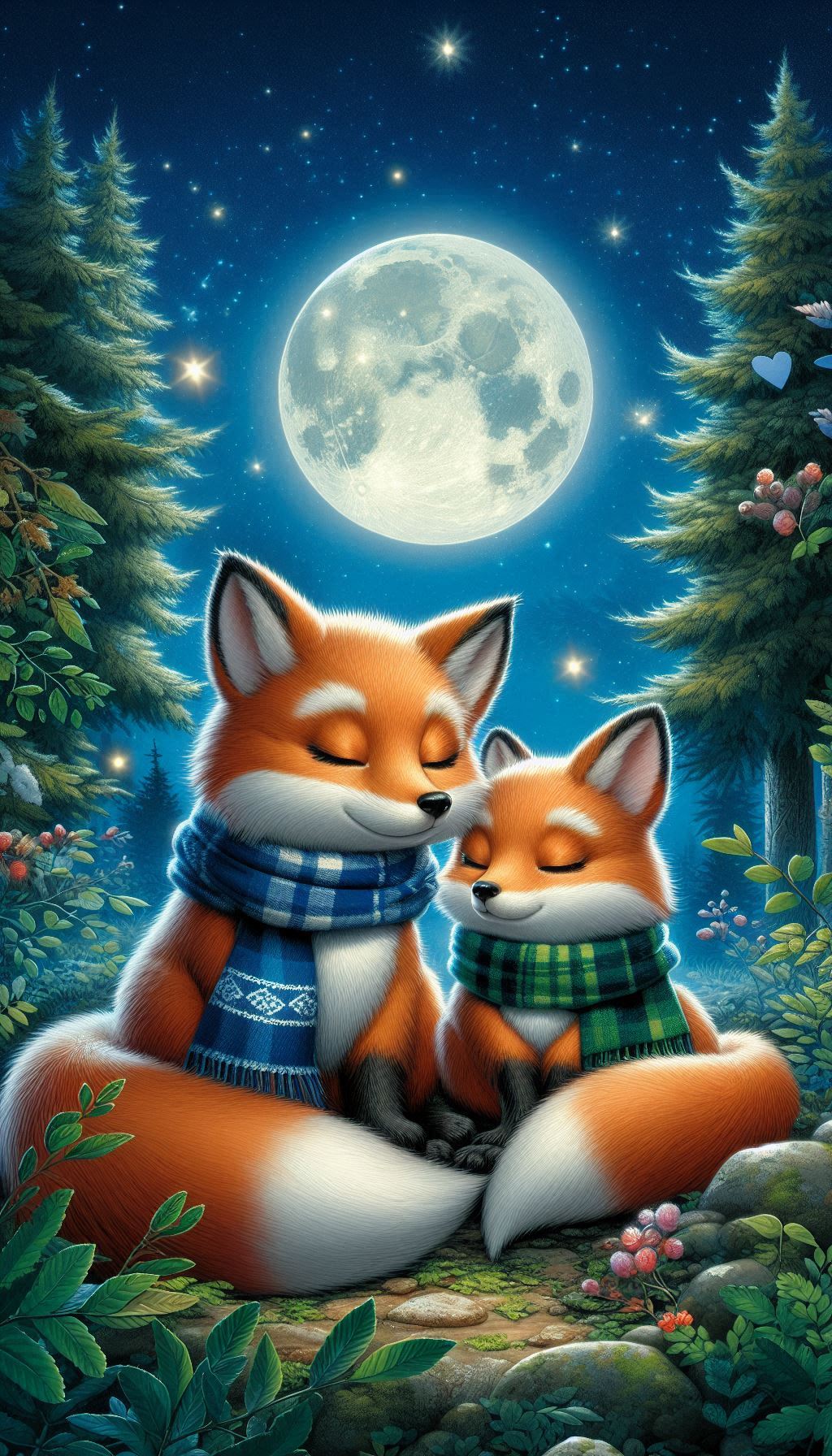 Two cute fox couple sitting peacefully in the moonlight forest mobile background for all phones