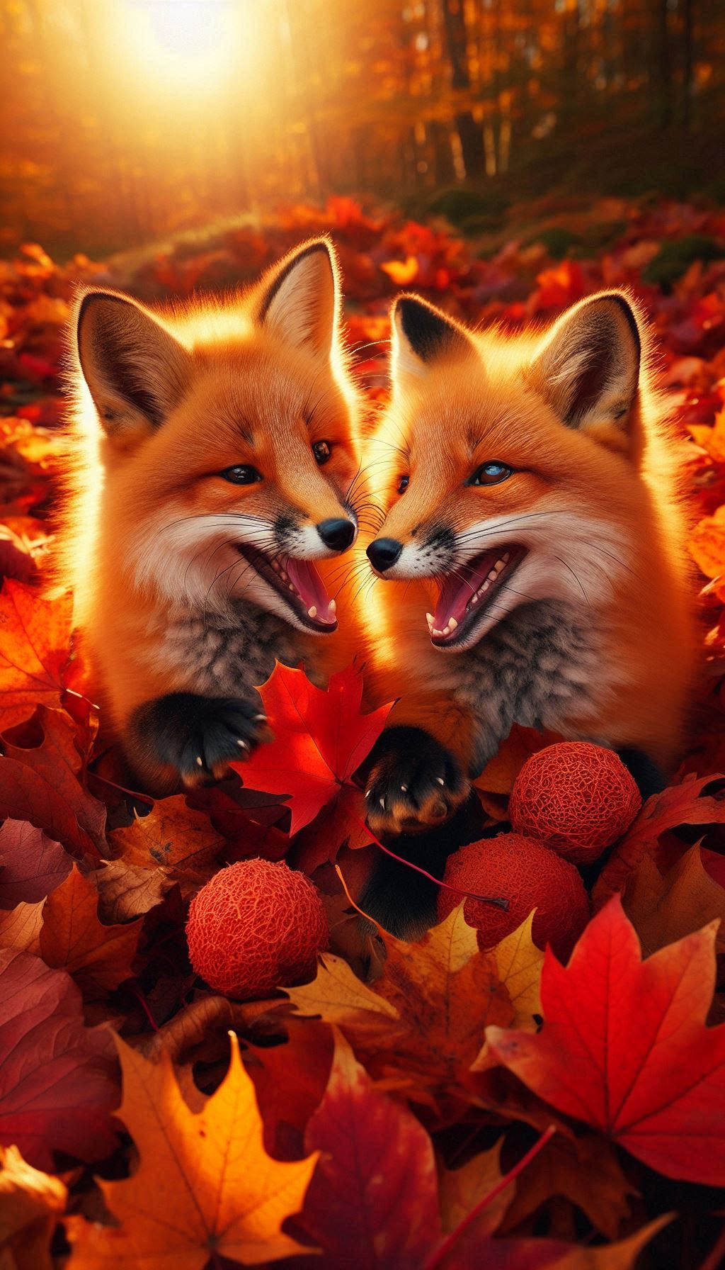 Two foxes having fun in autumn leaves, HD wallpaper for mobile download (2)