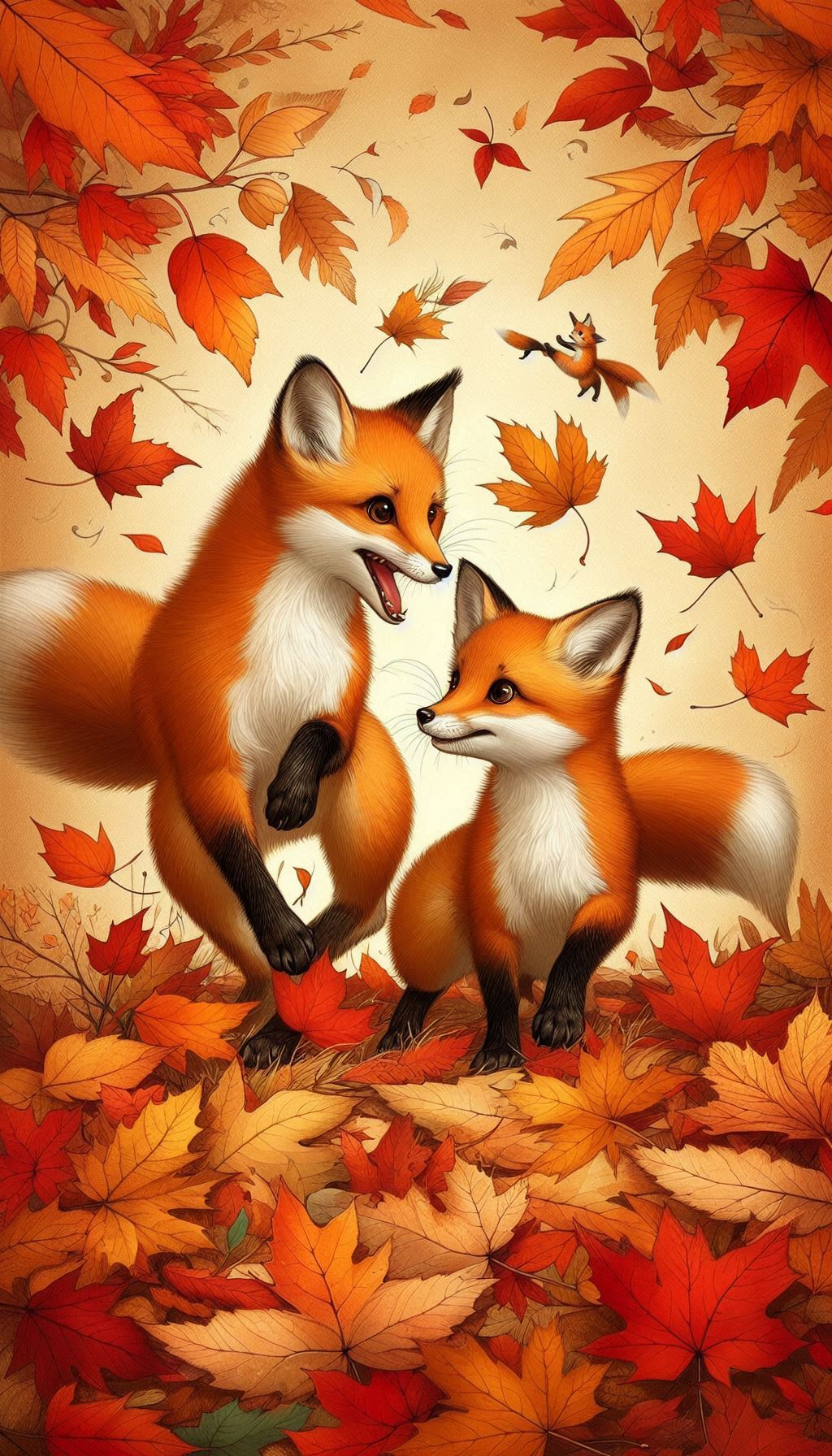 Two foxes having fun in autumn leaves, HD wallpaper for mobile download