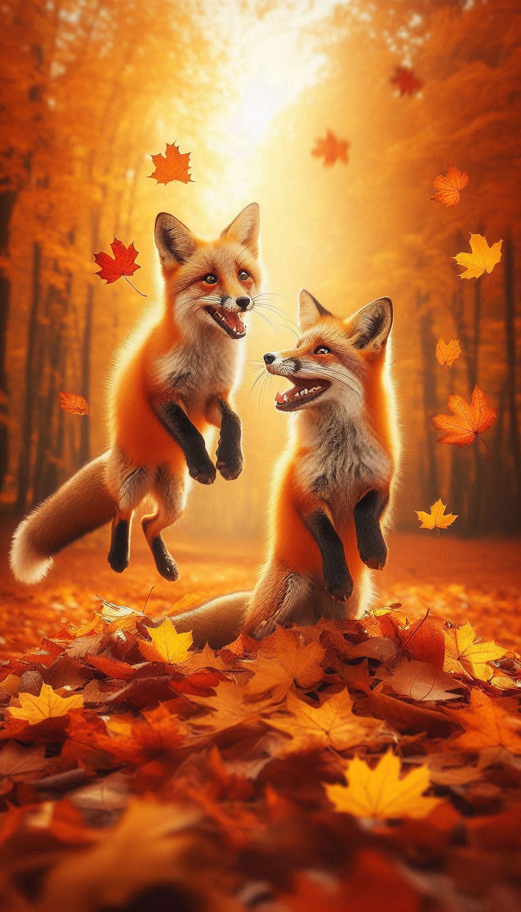 Two foxes having fun jumping in autumn leaves, HD wallpaper for Android mobile