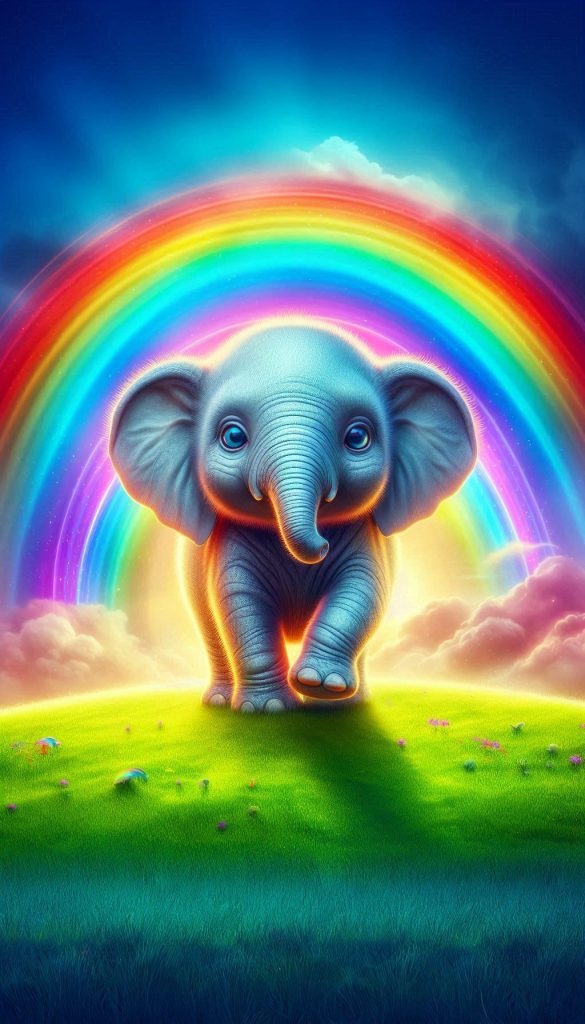 Vibrant Baby Elephant with a Bright Rainbow in the Background