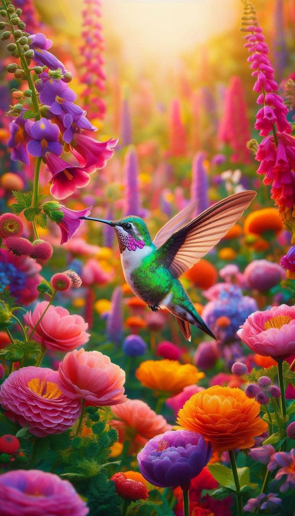 Vibrant Calliope Hummingbird Amidst a Garden of Colorful Blooms