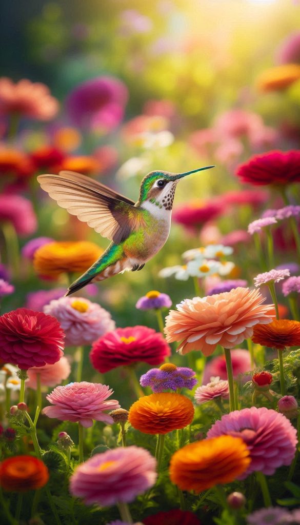 Vibrant Calliope Hummingbird Mobile Wallpaper amid colorful flower garden