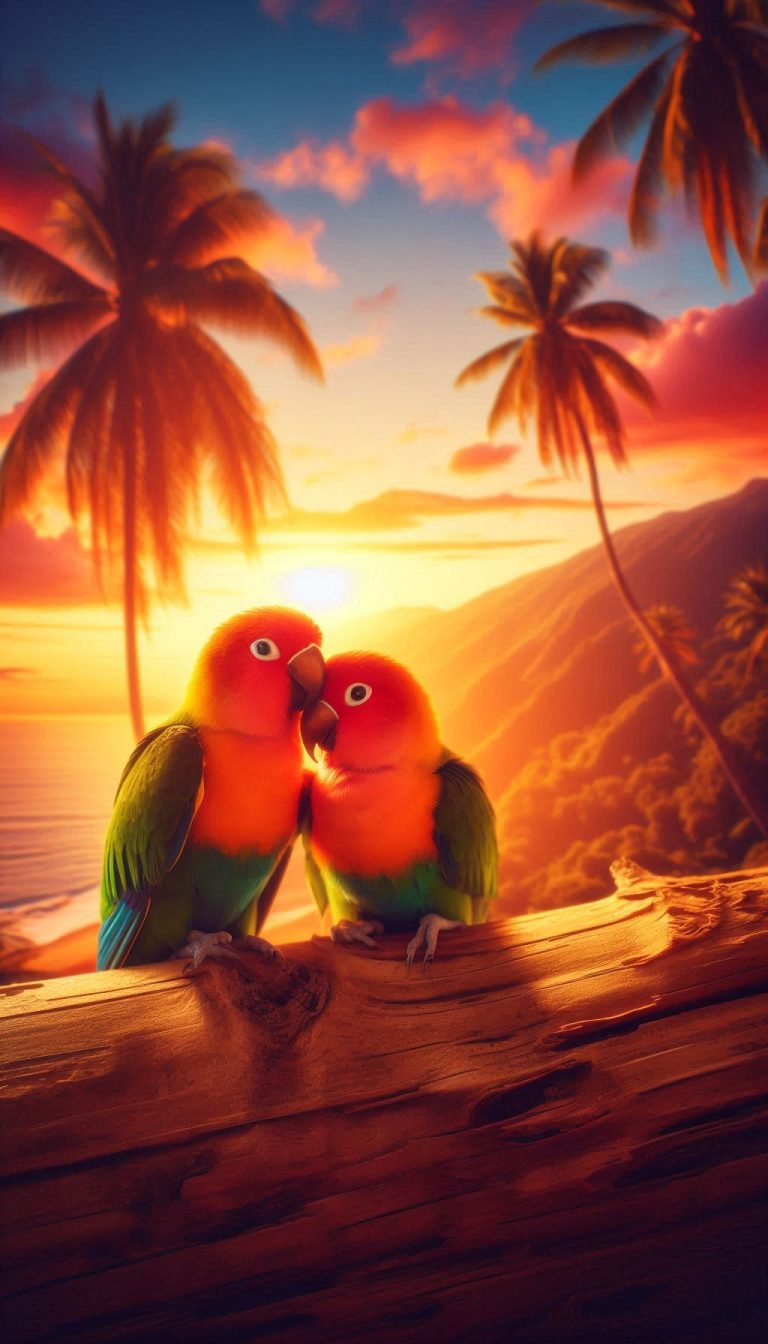 Vibrant Lovebird Parrots Sharing Affection Under a Tropical Sunset