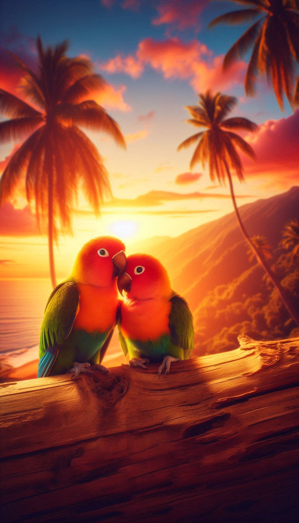 Vibrant Lovebird Parrots Sharing Affection Under a Tropical Sunset