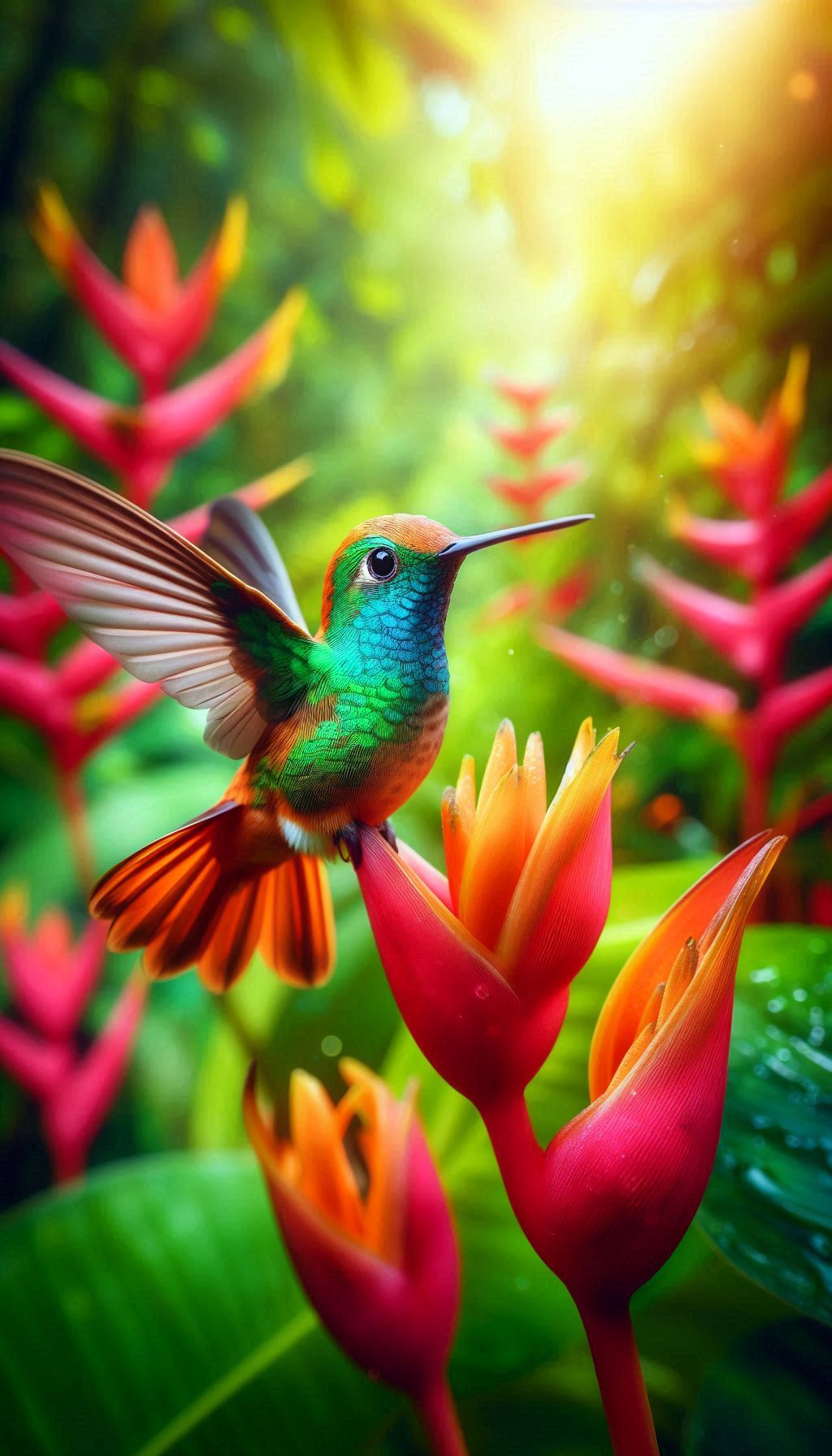 Vibrant Rufous-tailed Hummingbird in a Lush Tropical Garden