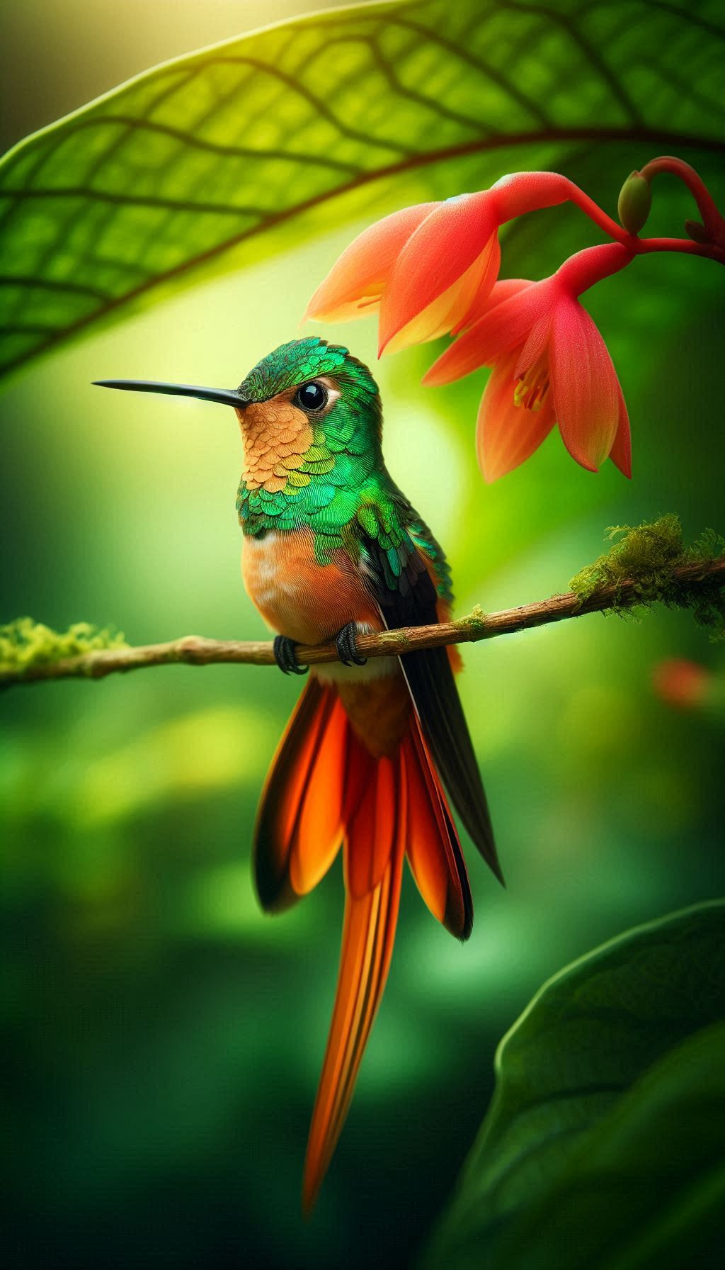Vibrant Rufous-tailed Hummingbird in a lush tropical garden mobile wallpaper for iPhone