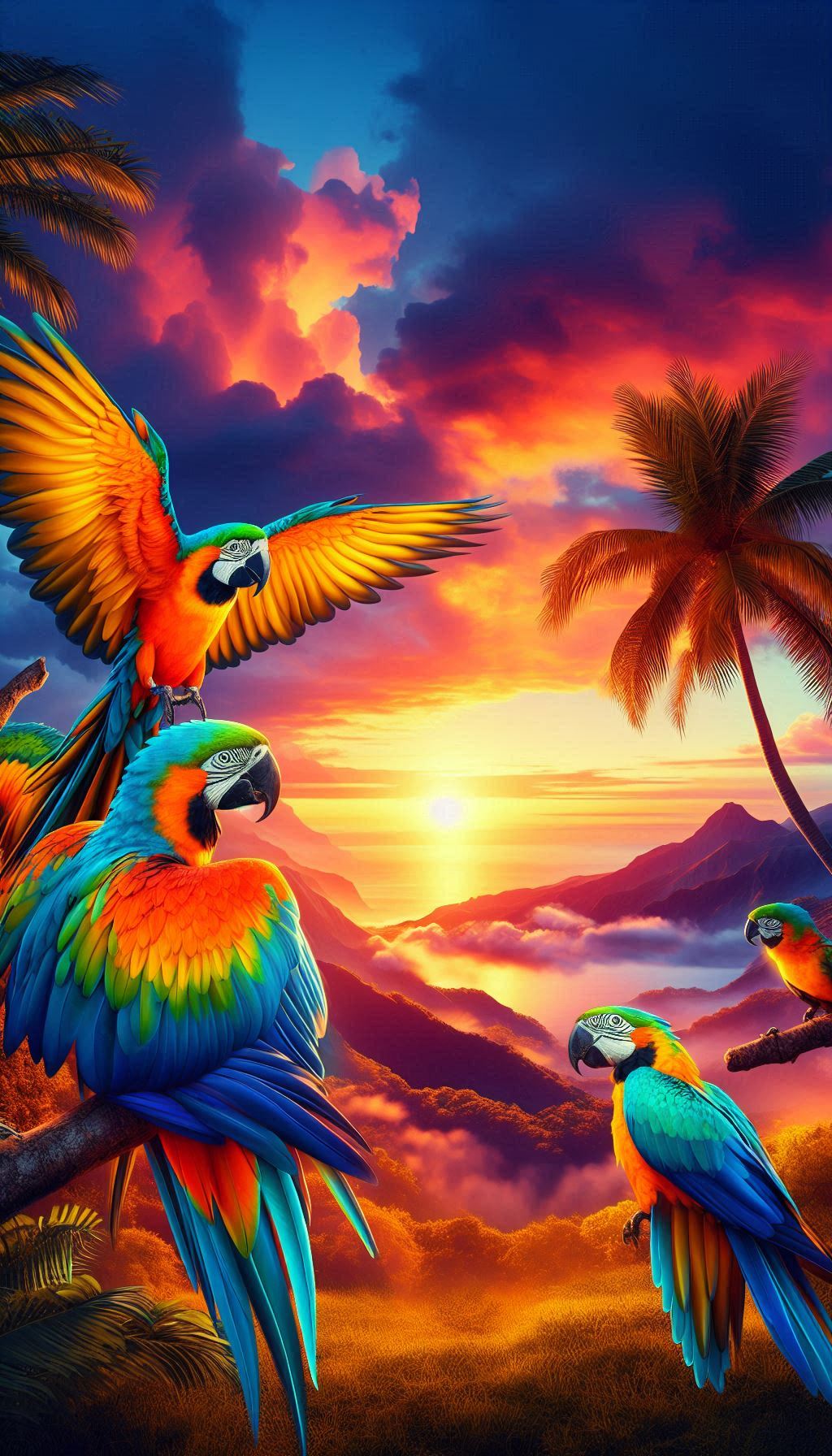 Vibrant Tropical Macaw Parrots Against a Sunset Sky Wallpaper