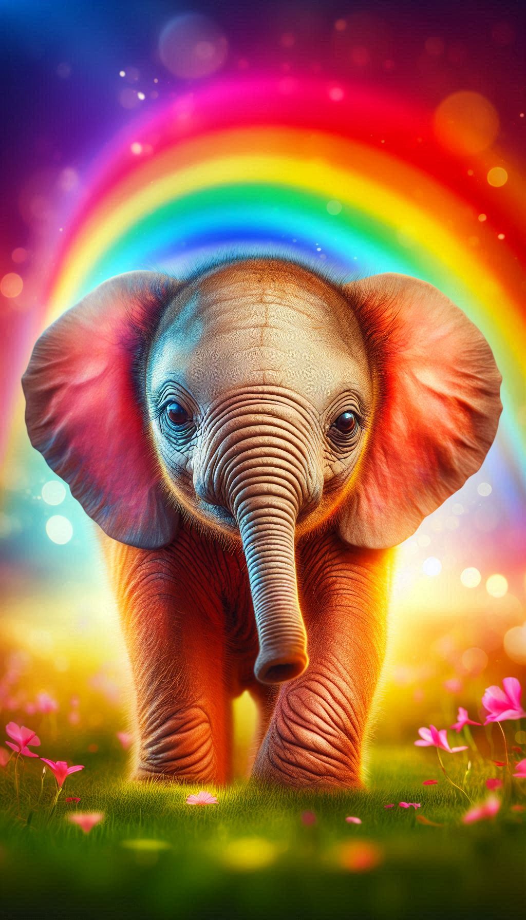 Vibrant baby elephant with a bright rainbow in the background Backgrounds for iPhone and Android