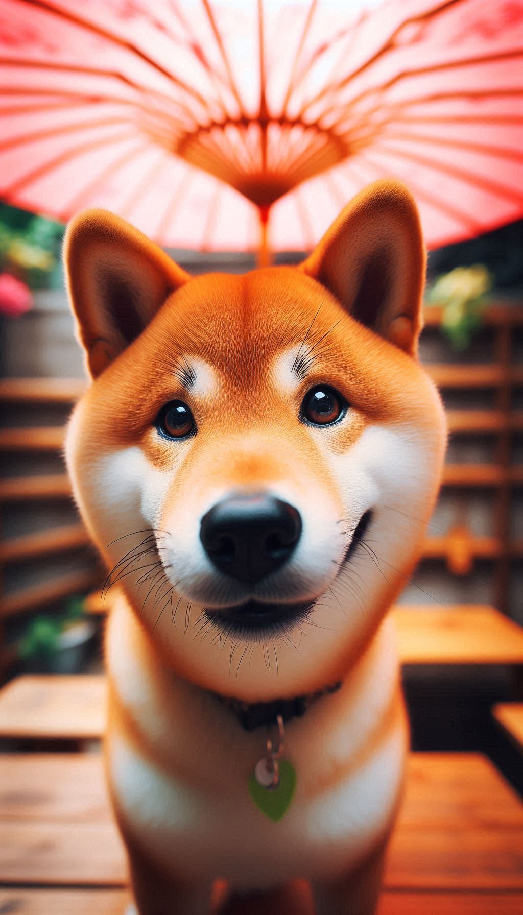 Vibrant close-up of a playful Shiba Inu wagging his arms against a furry digital background
