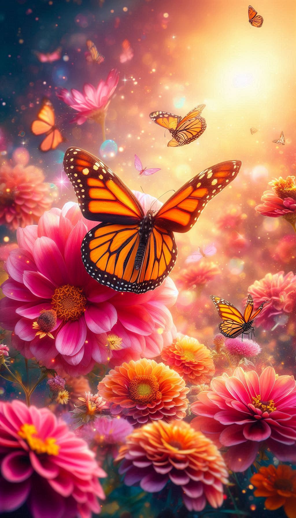 Vibrant monarch butterfly wallpaper on blooming flower background for iphone