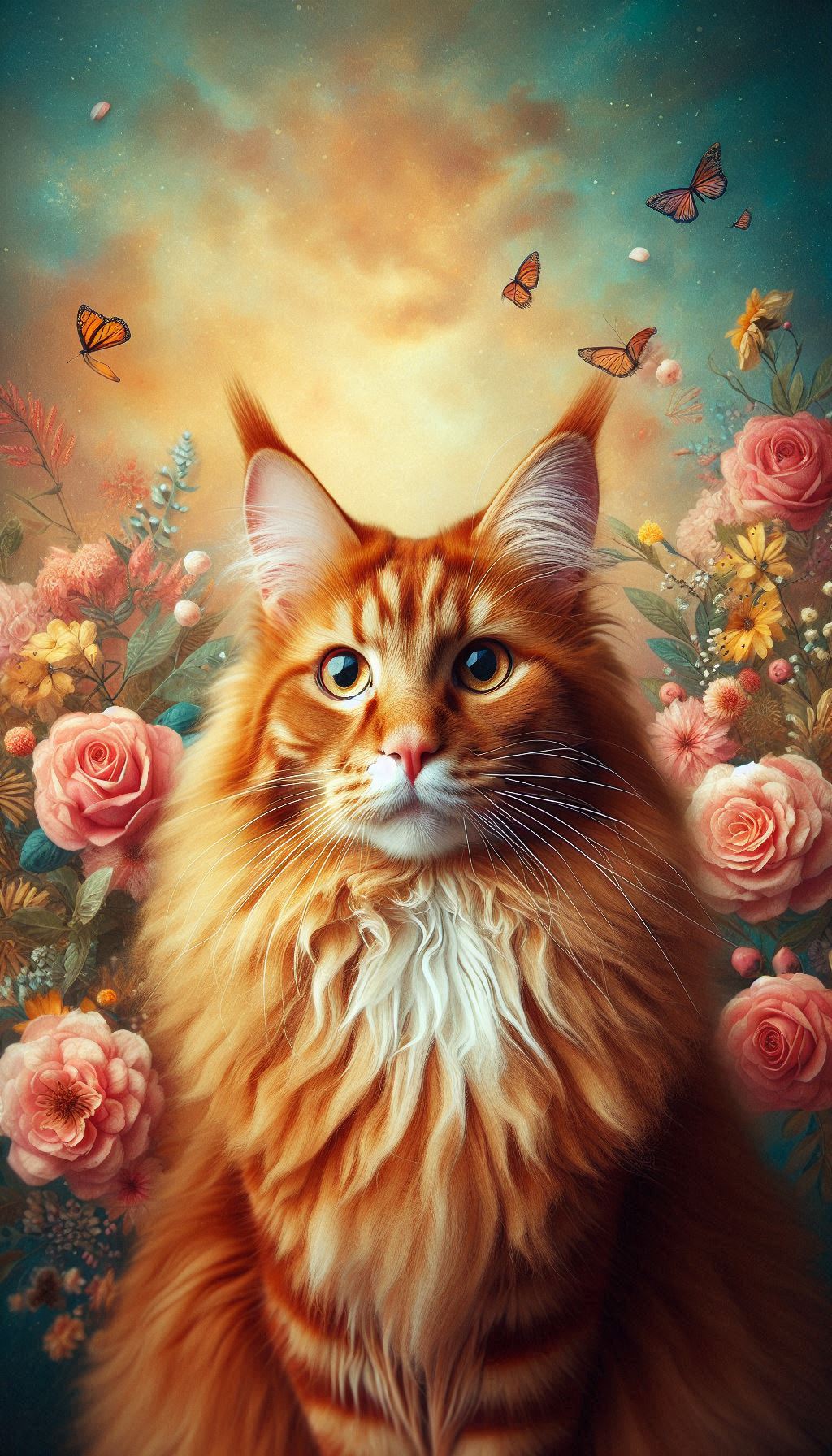 Vibrant red tabby Maine Coon cat whimsical background mobile wallpaper for home decoration for Android phone