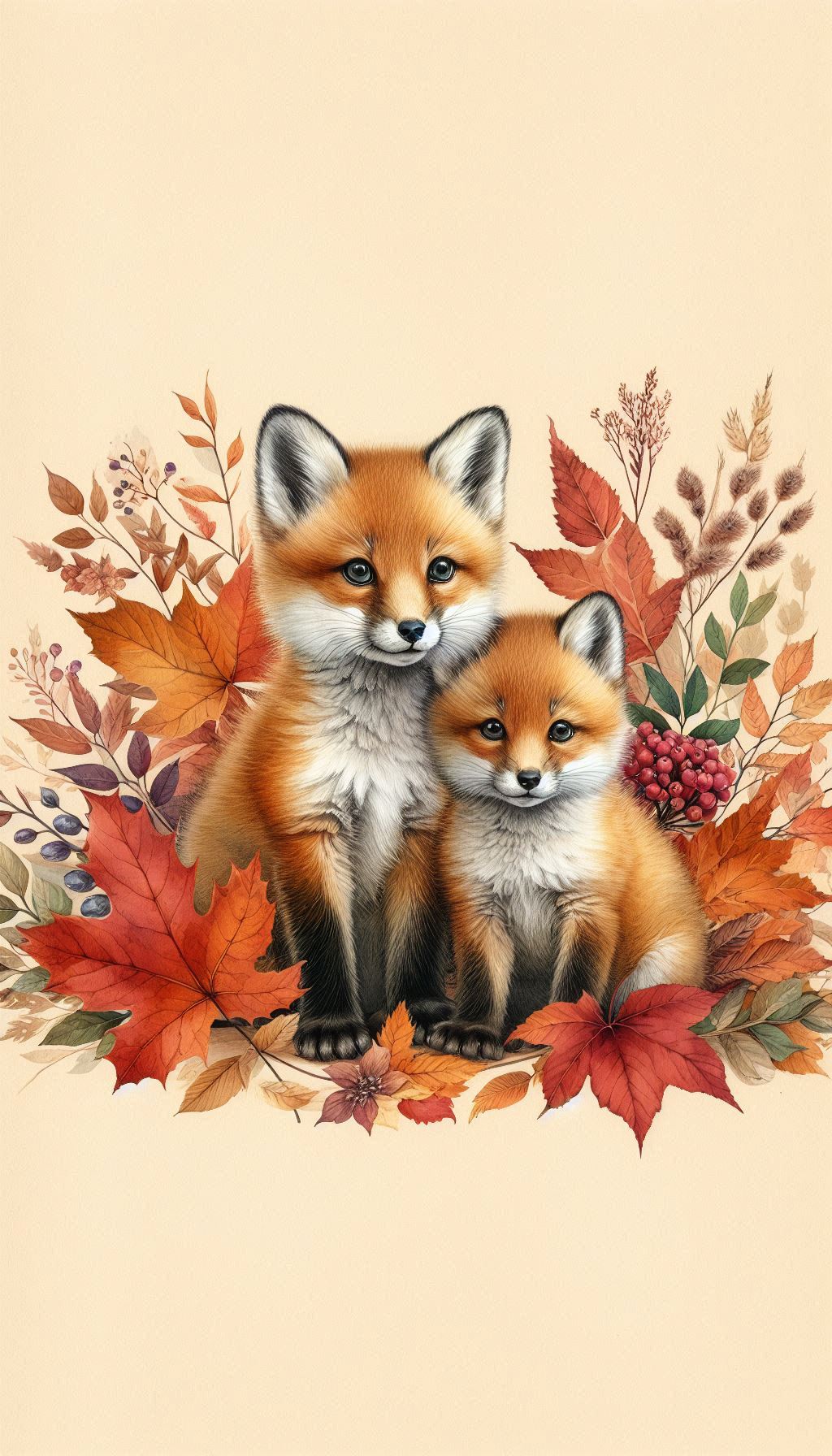 Watercolor Fox Cubs Surrounded by Autumn Leaves Wallpaper